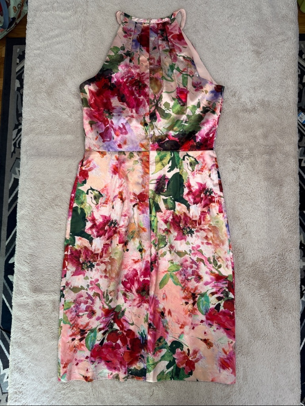 Eliza J Floral Halter Satin-feel Dress in Pink, Green and Red Sz 6 Ruched Sash - Picture 10 of 11
